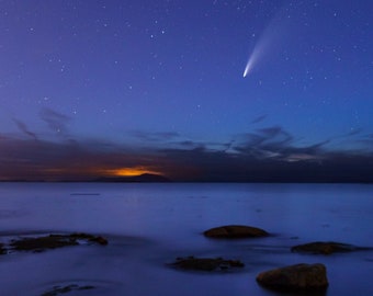 Comet Neowise over Vancouver Island, Celestial Astronomy, Pacific Northwest Night Sky Photography,  Blue Universe,