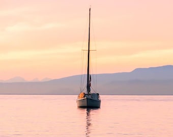 Sailboat Sunset, Pacific Northwest Coast Sailing, Island Seascape Print, Coastal Decor, Modern Ocean Home Decor, Sailor