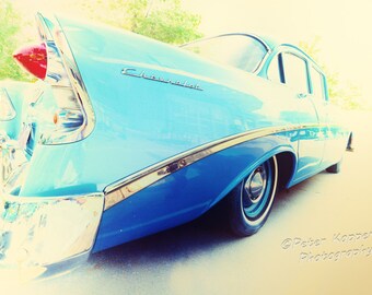 1956 Chevrolet Bel Air Tail Fin Print, Classic Blue Chevy, 1950 Automotive Fine Art Home Wall Decor, Vintage Car Lover  Husband