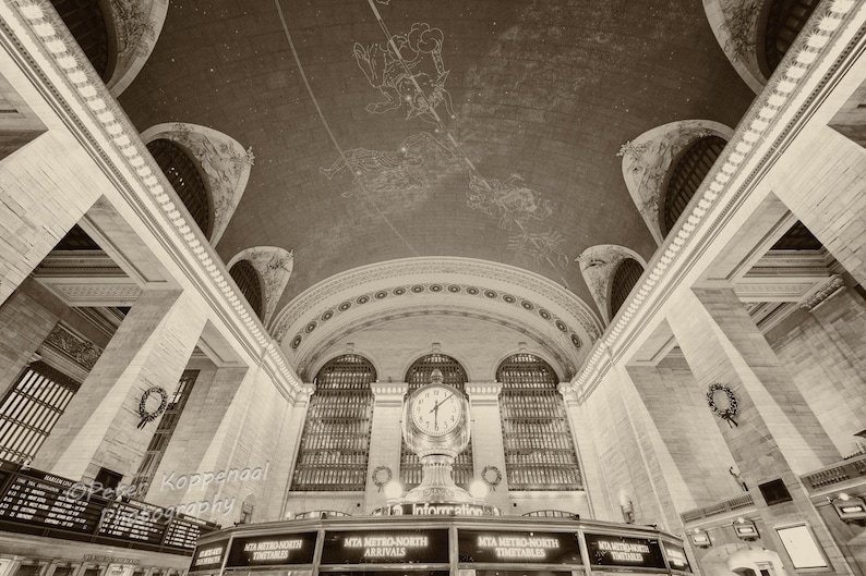 Grand Central Station Clock and Ceiling, NYC Photography, New York City Wall Art, Train Station, Big Apple, I Love New York, Constellations Sepia