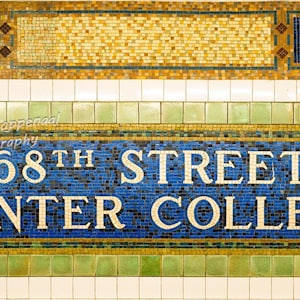 May include: A mosaic tile sign for the 68th Street Hunter College subway station. The sign features white lettering on a blue background, framed by green and gold tiles. The top and bottom borders are decorated with mosaic tiles.