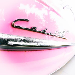 Pink Cadillac Logo, Chrome Cadillac Emblem, Classic Car Photograph, Vintage Automotive Fine Art, Caddy Wall Decor, 1950 Car Lover Gift