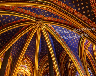 Sainte Chapelle Cathedral Ceiling, Paris Photography, French Church, Stained Glass Window, Large Wall Art,