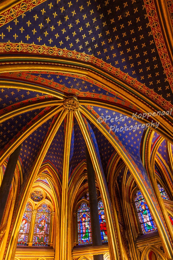 Sainte Chapelle Cathedral Ceiling Print French Church Stain Glass Window Fine Art Photography Paris France Lover Gift For Wife Her Him Mom