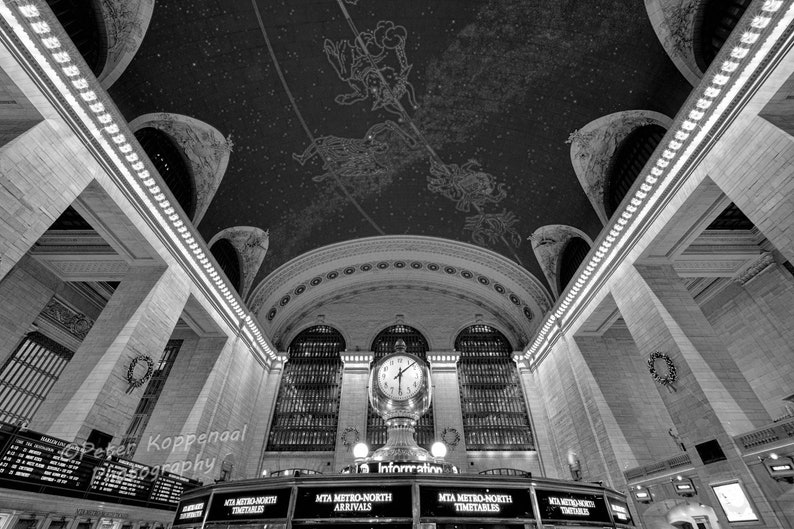 Grand Central Station Clock and Ceiling, NYC Photography, New York City Wall Art, Train Station, Big Apple, I Love New York, Constellations Black & White Dark