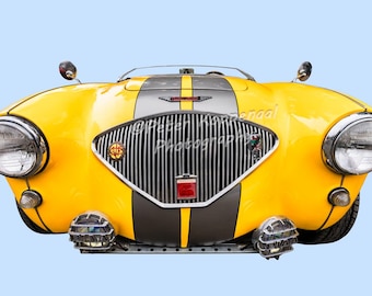 Yellow 1955 Austin-Healey Chrome Grille Print, Classic Sports Car Wall Art