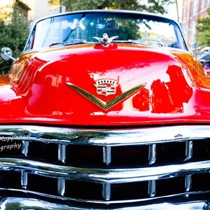 Pink Red Cadillac Grille Print, Flying Goddess Chrome Hood Ornament, Automotive Emblem Fine Art, 1950 Classic Car Lover Gift