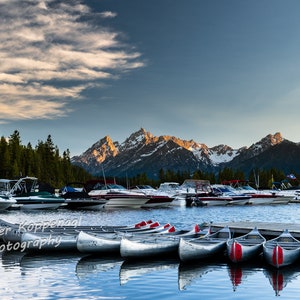 Bergsee Sonnenuntergang Druck, Fine Art Fotografie, rustikale Landhaus Wanddekoration, Grand Teton Nationalpark, Kanu Liebhaber Geschenk für ihn Frauen Männer