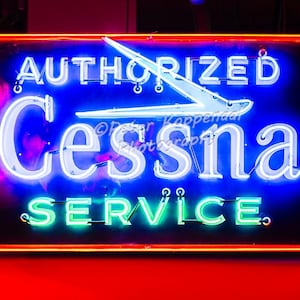 Cessna Service Neon Sign PRINT, Vintage Cessna Aircraft Mechanic Photography, Airplane Pilot Gift Wall Art Home Decor