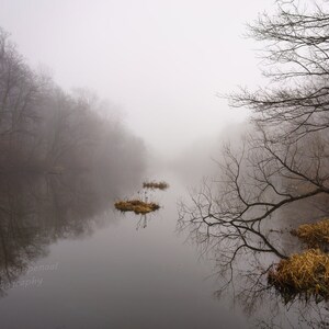 Nebliger Winter See Druck, Sumpfwald Fine Art Fotografie, Serene Lazy River, Nebliger Hafen Wanddekoration, Geschenk für Naturliebhaber