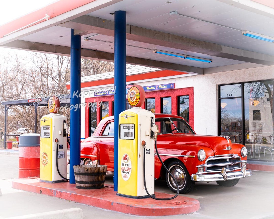 1940's Gas Station Malt Shop, Red Chrystler Sedan, Coup, Cottonwood