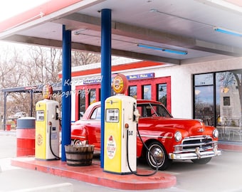 1940s Gas Station Art Print, Red Chrysler, Cottonwood Arizona, Southwest Decor