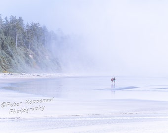 Romantic Couples Beach Walking, Tofino Misty Pacific Northwest Ocean Surf Fine Art Photography, PNW BC Coastal Decor,  Women