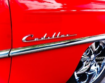 Vintage Red Cadillac PRINT, Chrome Emblem Trim & Wheels, Classic Car Wall Art, 1950 Car