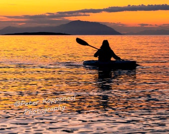 Orange Sunset Kayak Print, Kayaker Northwest Coast Art, Pacific Rim Art, Coastal Beach House Wall Art
