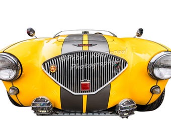 Yellow 1955 Austin-Healey Chrome Grille Print, Classic Sports Car Wall Art