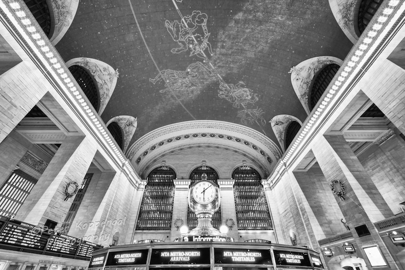 Grand Central Station Clock and Ceiling, NYC Photography, New York City Wall Art, Train Station, Big Apple, I Love New York, Constellations Black & White Light