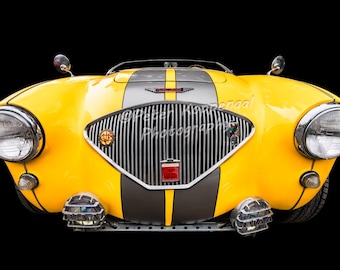 Yellow 1955 Austin-Healey Chrome Grille Print, Classic Sports Car Wall Art