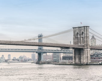 Brooklyn Bridge + Manhattan Bridge over East River, NYC photography, New York City wall art