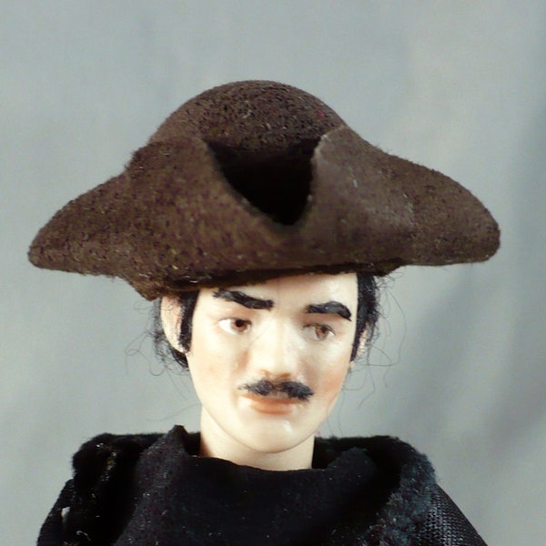 1-12 scale Tricorn miniature hat ultrasuede handmade dollhouse men's Poldark Georgian Colonial period hat black blue grey brown red