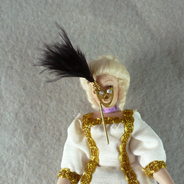 Dollhouse Mardi Gras masks small feathers and rhinestone eyes brass handle choice of colors