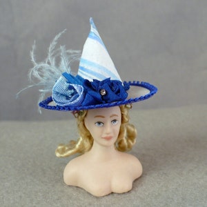 Miniature Witch Hat 1-12 scale dollhouse Lady hat blue silver silks OOAK Halloween accessory dress occult pretty colorful marble silk hat