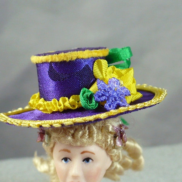 Mardi Gras Miniature silk hat 1-12 scale Lady wearable purple yellow green silk Victorian picture hat handmade OOAK Modern