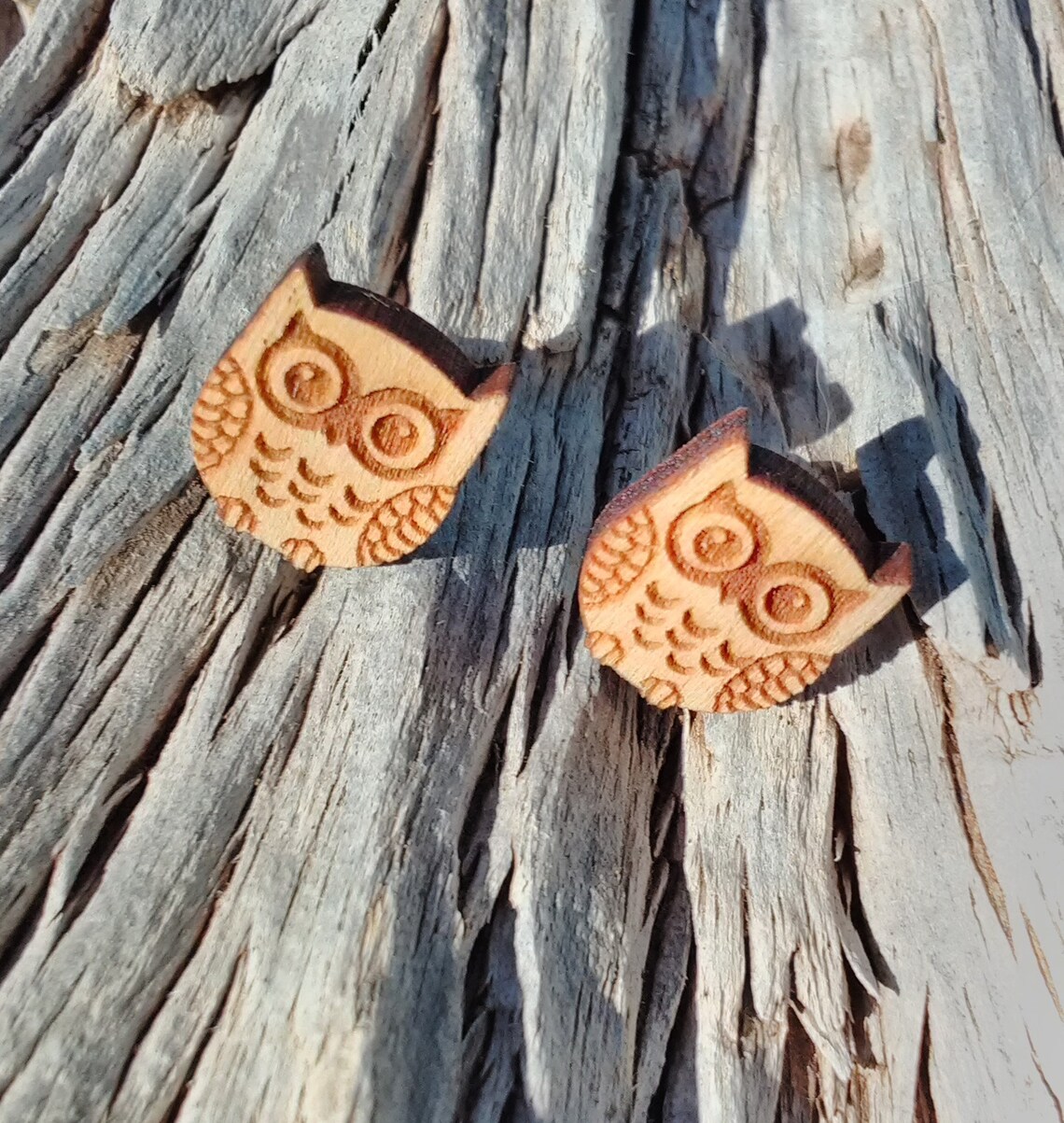 Wooden Owl stud earringsdainty cute owls silver plated Etsy
