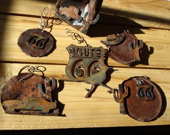 Set of 6 Small Route 66 Wall Hangings or Christmas Ornaments, Rusty Decor, Rusty Can, Christmas Ornament, Wall Hanging, Vintage, Gift