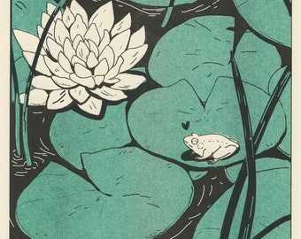 risograph print of a frog on a lily pad black and teal 8.5x11