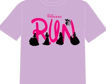 May include: A light purple t-shirt with a pink graphic that says "Princess Run" with silhouettes of Disney princesses in front of the text.