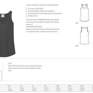 May include: A charcoal gray tank top with a scoop neck and a scalloped hem. The tank top is made of 100% cotton and has a removable tag for comfort and reliability. The size chart shows measurements in inches.
