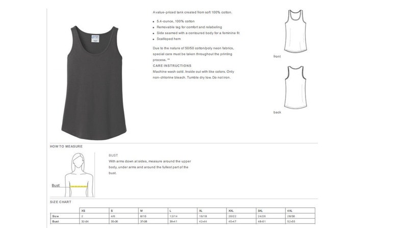 May include: A charcoal gray tank top with a scoop neck and a scalloped hem. The tank top is made of 100% cotton and has a removable tag for comfort and reliability. The size chart shows measurements in inches.