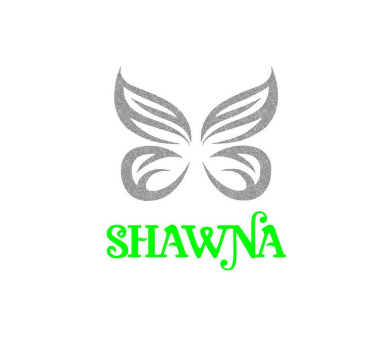 May include: A silver glitter butterfly with the name "SHAWNA" written in green below it.