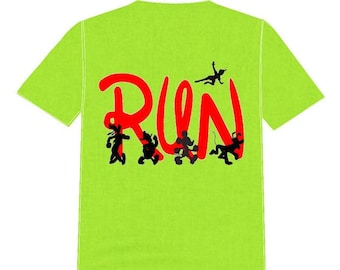 May include: A lime green t-shirt with the word "RUN" in red letters. The letters are stylized and have silhouettes of Disney characters running around them.