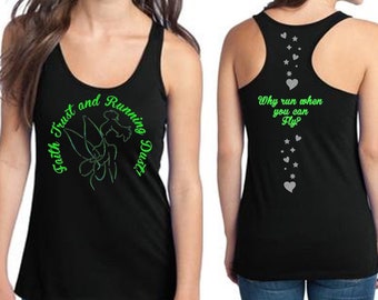 May include: Black tank top with a green glitter design that says "Faith Trust and Running Dust" on the front and a silver glitter design that says "Why run when you can fly?" on the back.