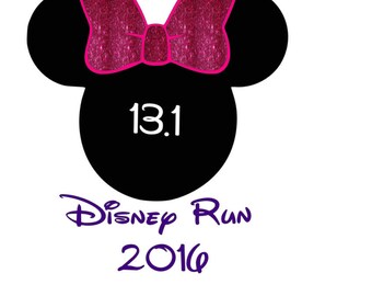 May include: Black and white silhouette of Mickey Mouse ears with a pink glitter bow and the number 13.1 in white text. Below the ears is the text "Disney Run 2016" in purple.