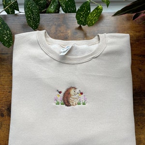 Cute Hedgehog with Flowers and Ladybugs Embroidered Crewneck Pullover Sweatshirt