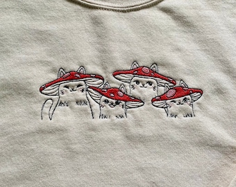 Little Cats With Mushroom Hats Super Soft Embroidered Pullover Sweatshirt