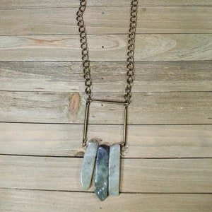 Geometric brass and dark / light green prehnite stick beads with brass findings on long antique brass chain image 1