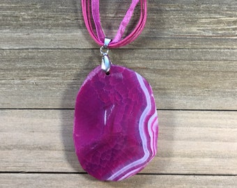 CLEARANCE! Gemstone agate pink and white faceted stone pendant on multi string and ribbon pink necklace silver bale