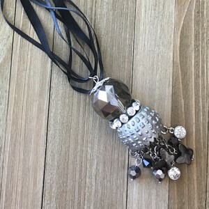 CLEARANCE Upcycled funky large pendant with rhinestones on black grosgrain and satin ribbon, long sweater necklace image 1