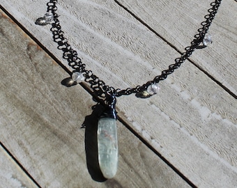 Polished light blue kyanite gunmetal wire wrapped blade pendant on gunmetal chain with czech glass beads