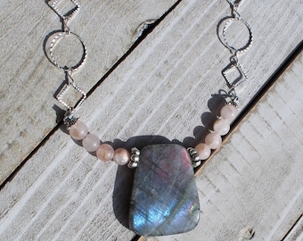 Colorful labradorite trapezoid pendant with silver spacer beads and rose quartz round stones on geometric silver chain