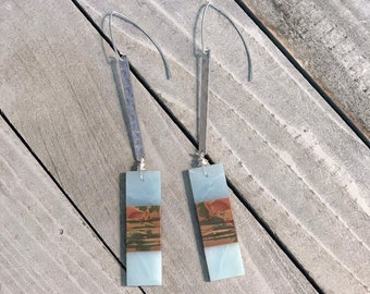 Aventurine and red creek jasper rectangle stone suspended from silver textured bars, hanging from 925 sterling silver earwires