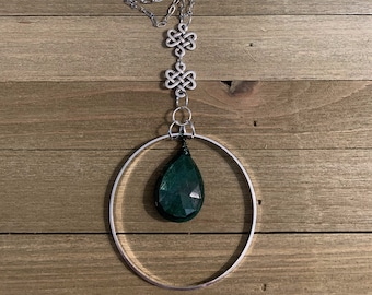 Silver circle long necklace with briolette faceted genuine emerald and silver circle and celtic knots on silver chain