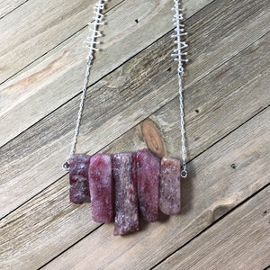 Strawberry quartz stick bead necklace on matte silver chain with funky bar connector image 1