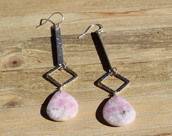 Chunky pink and grey Chinese tourmaline stones suspended from matte silver sticks and shiny silver squares on 925 sterling silver ear wires