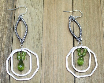 Peridot faceted briolettes and rondells inside silver octagon and marquise rhinestone gunmetal shapes on 925 sterling silver earwires