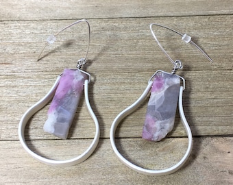 Chunky large pink and grey Chinese tourmaline stones in matte silver bell shaped loops suspended from 925 sterling silver ear wires